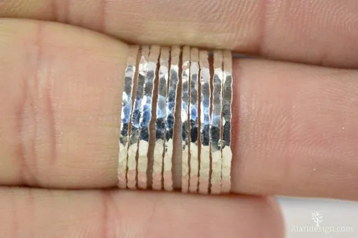 Stylish ultra - thin 925 Sterling Silver Stackable Rings 14K Hammer Rring Size 6 - 10 - WORLD TIME VISITS