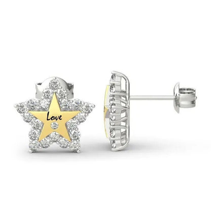 Temperament Ladies Fashion Shining Star 18K Yellow Love White Sapphire Diamond Earrings Ring - WORLD TIME VISITS