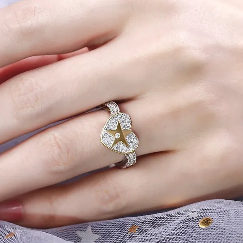 Temperament Ladies Fashion Shining Star 18K Yellow Love White Sapphire Diamond Earrings Ring - WORLD TIME VISITS