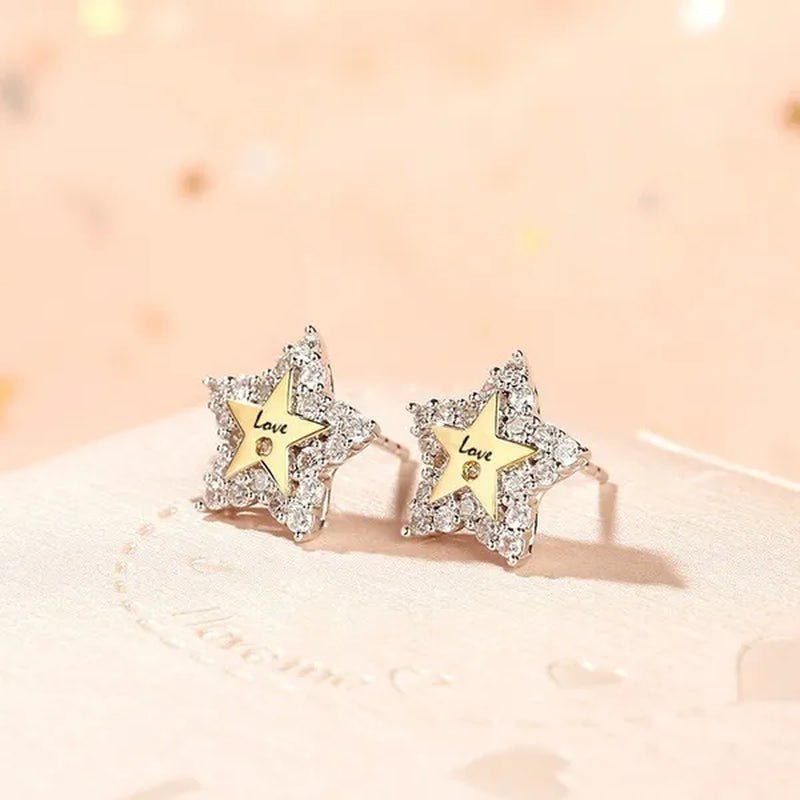 Temperament Ladies Fashion Shining Star 18K Yellow Love White Sapphire Diamond Earrings Ring - WORLD TIME VISITS