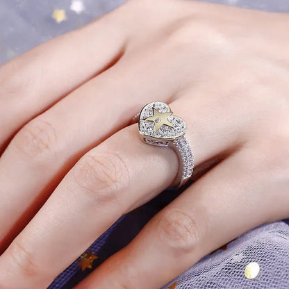 Temperament Ladies Fashion Shining Star 18K Yellow Love White Sapphire Diamond Earrings Ring - WORLD TIME VISITS