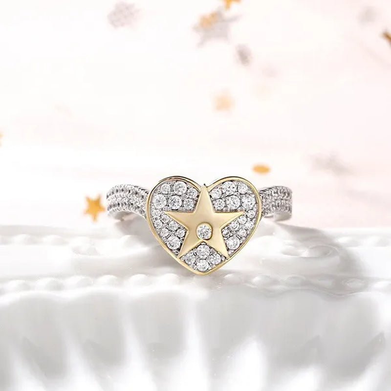 Temperament Ladies Fashion Shining Star 18K Yellow Love White Sapphire Diamond Earrings Ring - WORLD TIME VISITS