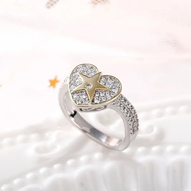 Temperament Ladies Fashion Shining Star 18K Yellow Love White Sapphire Diamond Earrings Ring - WORLD TIME VISITS