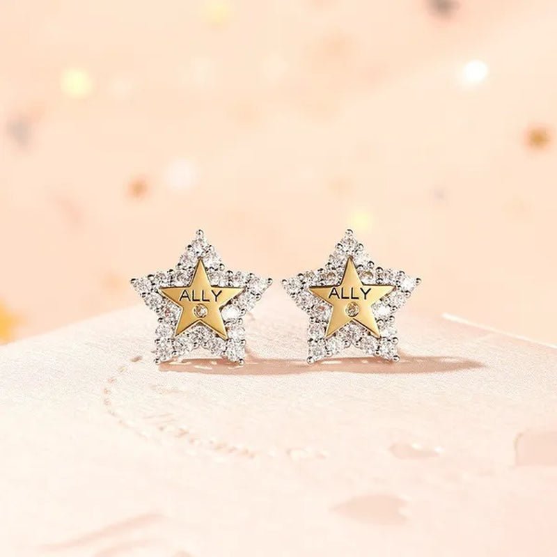 Temperament Ladies Fashion Shining Star 18K Yellow Love White Sapphire Diamond Earrings Ring - WORLD TIME VISITS
