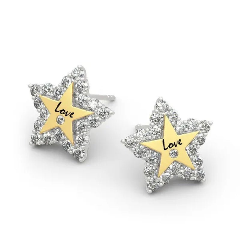 Temperament Ladies Fashion Shining Star 18K Yellow Love White Sapphire Diamond Earrings Ring - WORLD TIME VISITS
