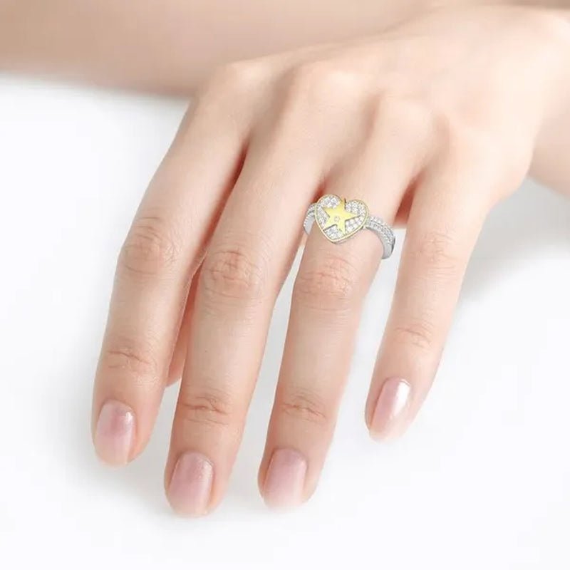 Temperament Ladies Fashion Shining Star 18K Yellow Love White Sapphire Diamond Earrings Ring - WORLD TIME VISITS