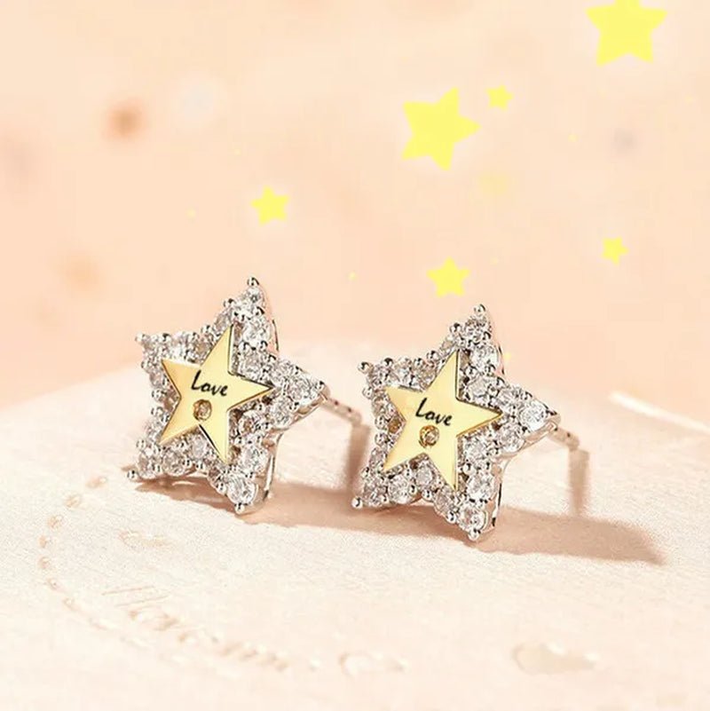 Temperament Ladies Fashion Shining Star 18K Yellow Love White Sapphire Diamond Earrings Ring - WORLD TIME VISITS