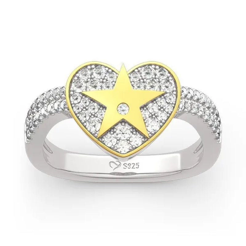 Temperament Ladies Fashion Shining Star 18K Yellow Love White Sapphire Diamond Earrings Ring - WORLD TIME VISITS
