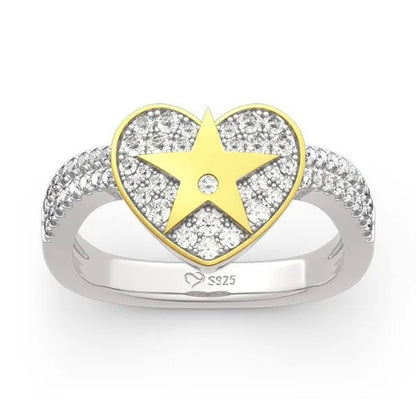 Temperament Ladies Fashion Shining Star 18K Yellow Love White Sapphire Diamond Earrings Ring - WORLD TIME VISITS