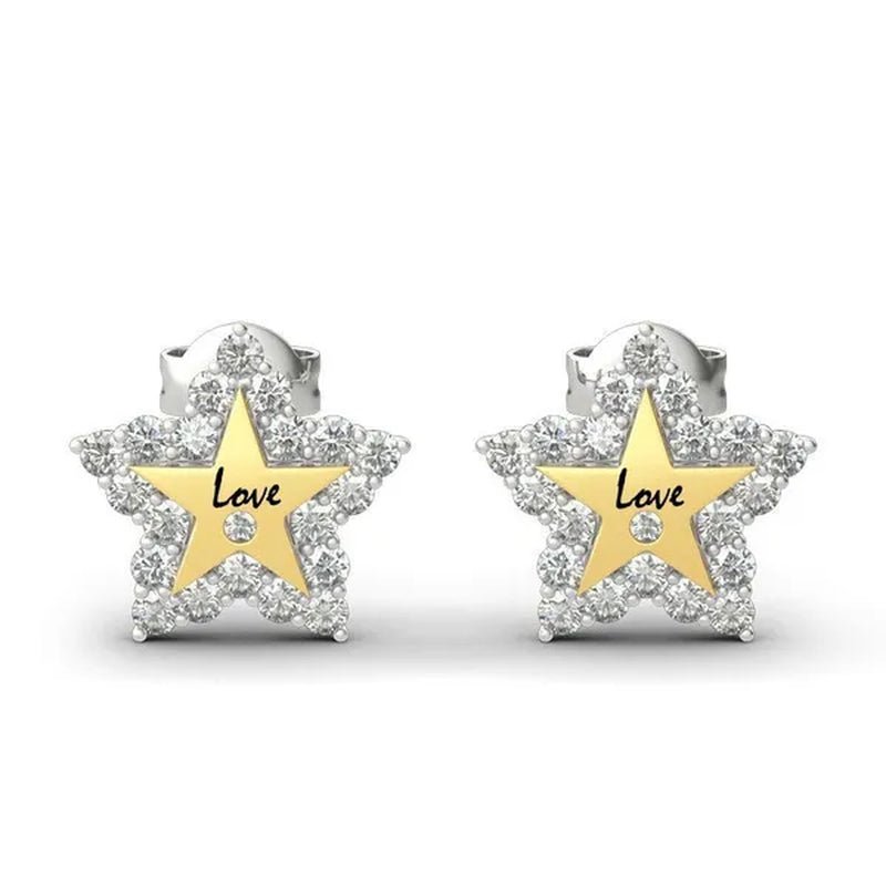 Temperament Ladies Fashion Shining Star 18K Yellow Love White Sapphire Diamond Earrings Ring - WORLD TIME VISITS