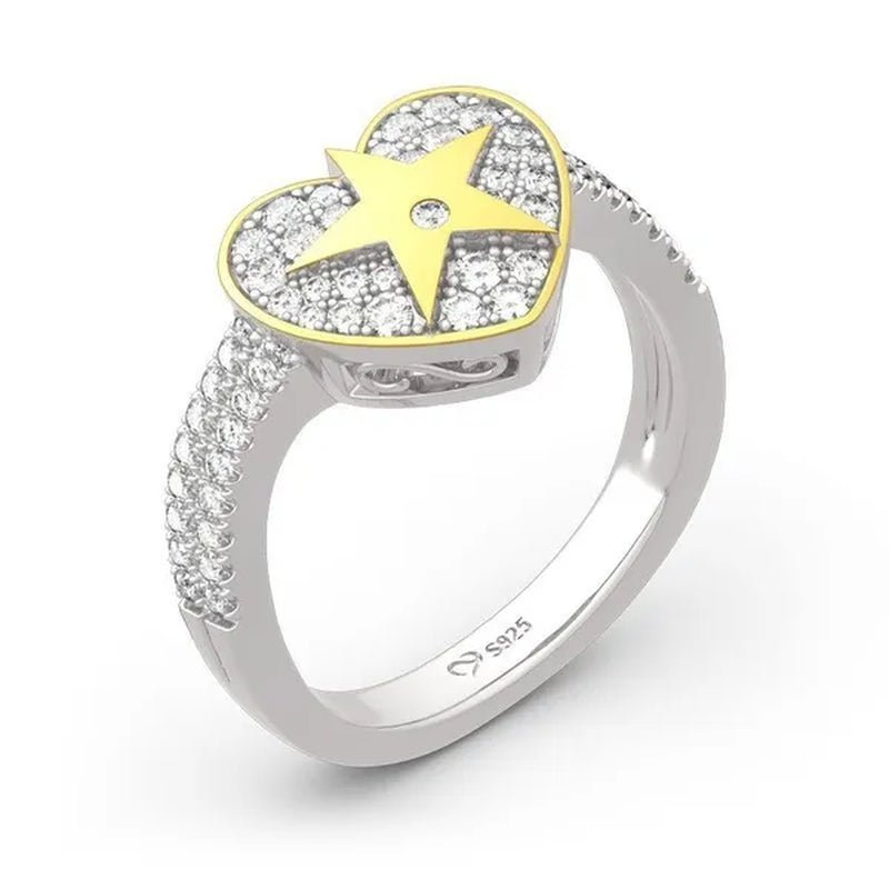 Temperament Ladies Fashion Shining Star 18K Yellow Love White Sapphire Diamond Earrings Ring - WORLD TIME VISITS