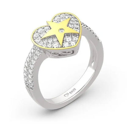 Temperament Ladies Fashion Shining Star 18K Yellow Love White Sapphire Diamond Earrings Ring - WORLD TIME VISITS