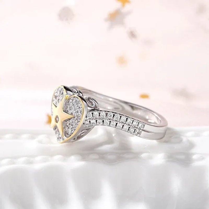 Temperament Ladies Fashion Shining Star 18K Yellow Love White Sapphire Diamond Earrings Ring - WORLD TIME VISITS