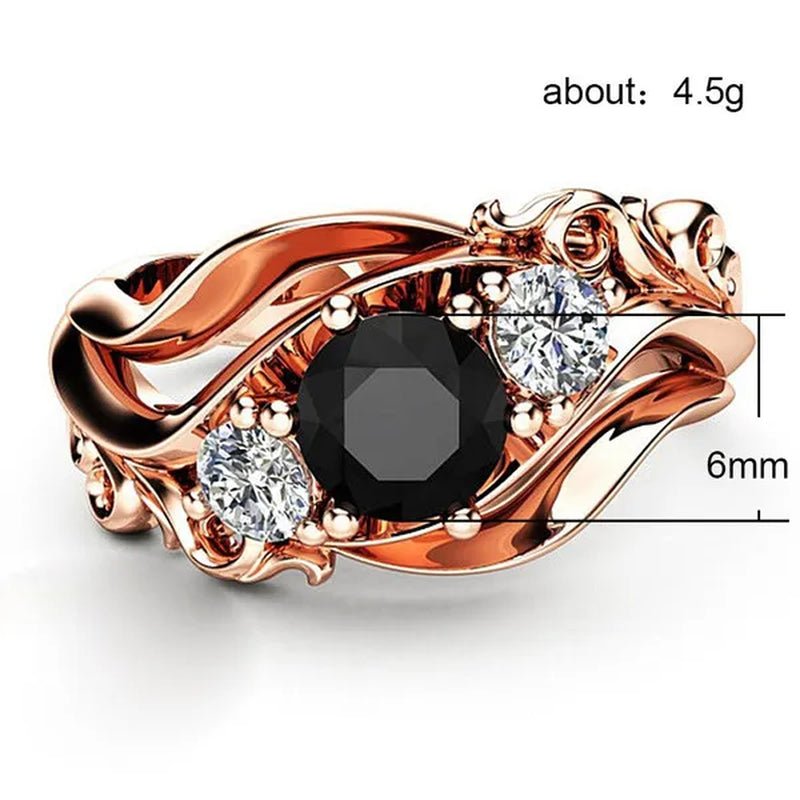 Temperament Obsidian rose gold - plated ring fashion flower line black diamond claw set twisted belt design rose gold female engagement wedding ring birthday anniversary gift (size: 5 - 11) - WORLD TIME VISITS
