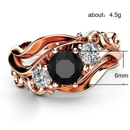 Temperament Obsidian rose gold - plated ring fashion flower line black diamond claw set twisted belt design rose gold female engagement wedding ring birthday anniversary gift (size: 5 - 11) - WORLD TIME VISITS