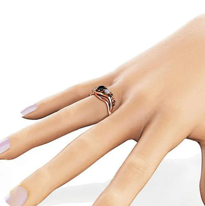 Temperament Obsidian rose gold - plated ring fashion flower line black diamond claw set twisted belt design rose gold female engagement wedding ring birthday anniversary gift (size: 5 - 11) - WORLD TIME VISITS