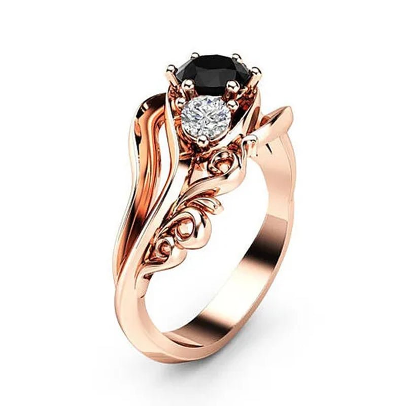 Temperament Obsidian rose gold - plated ring fashion flower line black diamond claw set twisted belt design rose gold female engagement wedding ring birthday anniversary gift (size: 5 - 11) - WORLD TIME VISITS
