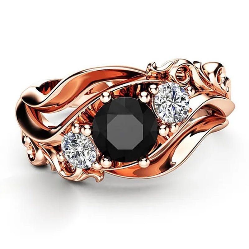 Temperament Obsidian rose gold - plated ring fashion flower line black diamond claw set twisted belt design rose gold female engagement wedding ring birthday anniversary gift (size: 5 - 11) - WORLD TIME VISITS