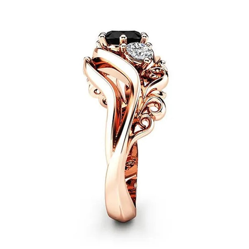 Temperament Obsidian rose gold - plated ring fashion flower line black diamond claw set twisted belt design rose gold female engagement wedding ring birthday anniversary gift (size: 5 - 11) - WORLD TIME VISITS