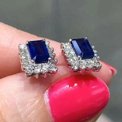 Trendy Square Cut Blue Sapphire Lab Diamond Stud Earrings for Women Bridal Wedding Party Earring Jewelry - WORLD TIME VISITS