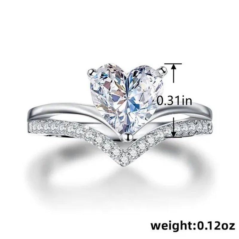 V - shape Solitaire Ring Heart Shape Diamonds Sweet Finger Ring Two Layer Women's Engagement Banquet Ring Exquisite Jewelry - WORLD TIME VISITS