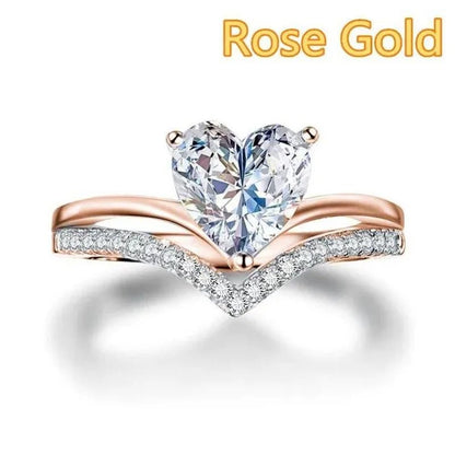 V - shape Solitaire Ring Heart Shape Diamonds Sweet Finger Ring Two Layer Women's Engagement Banquet Ring Exquisite Jewelry - WORLD TIME VISITS