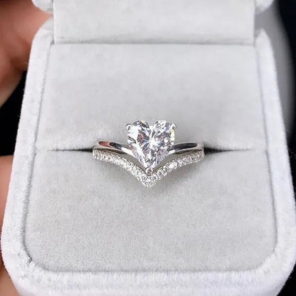 V - shape Solitaire Ring Heart Shape Diamonds Sweet Finger Ring Two Layer Women's Engagement Banquet Ring Exquisite Jewelry - WORLD TIME VISITS