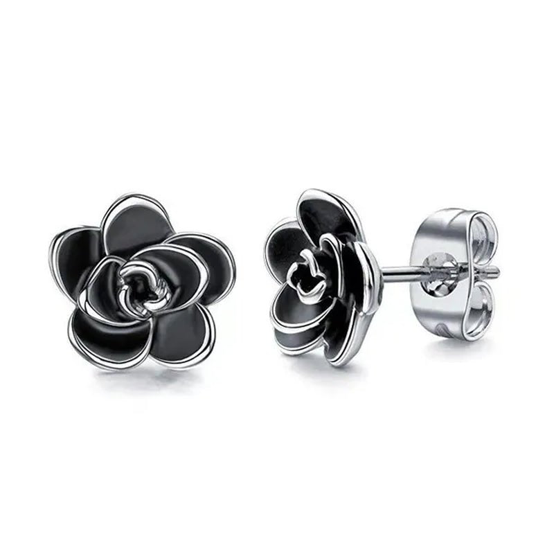 Women Fashion Black and White Rose Gold Camellia Vintage Flower Earring Stud Earrings - WORLD TIME VISITS