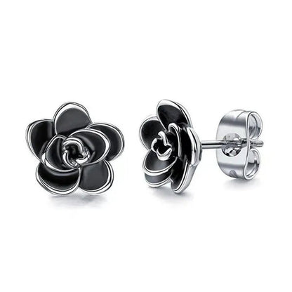 Women Fashion Black and White Rose Gold Camellia Vintage Flower Earring Stud Earrings - WORLD TIME VISITS