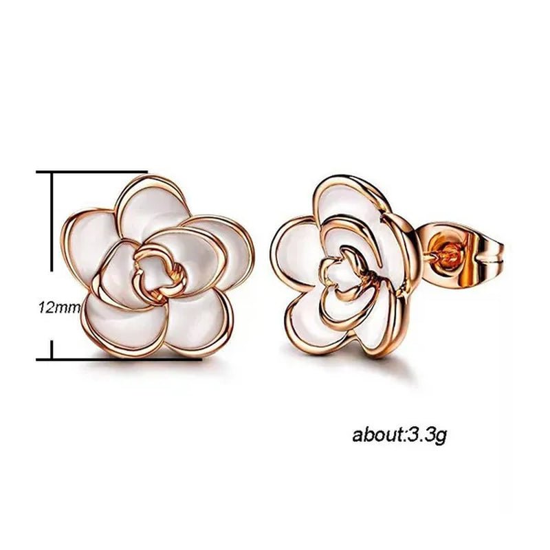 Women Fashion Black and White Rose Gold Camellia Vintage Flower Earring Stud Earrings - WORLD TIME VISITS
