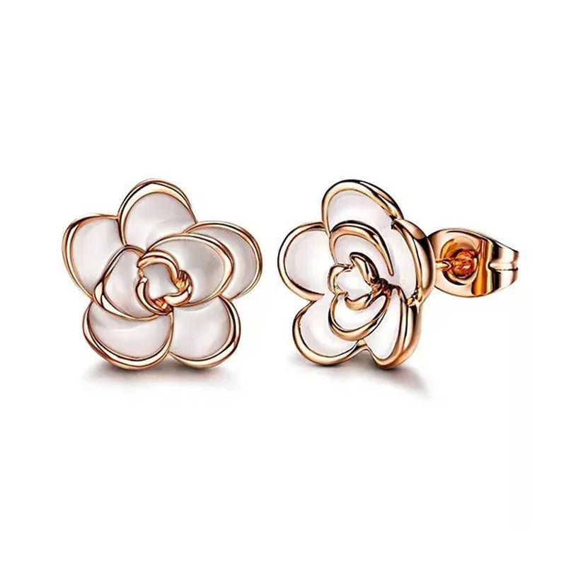 Women Fashion Black and White Rose Gold Camellia Vintage Flower Earring Stud Earrings - WORLD TIME VISITS
