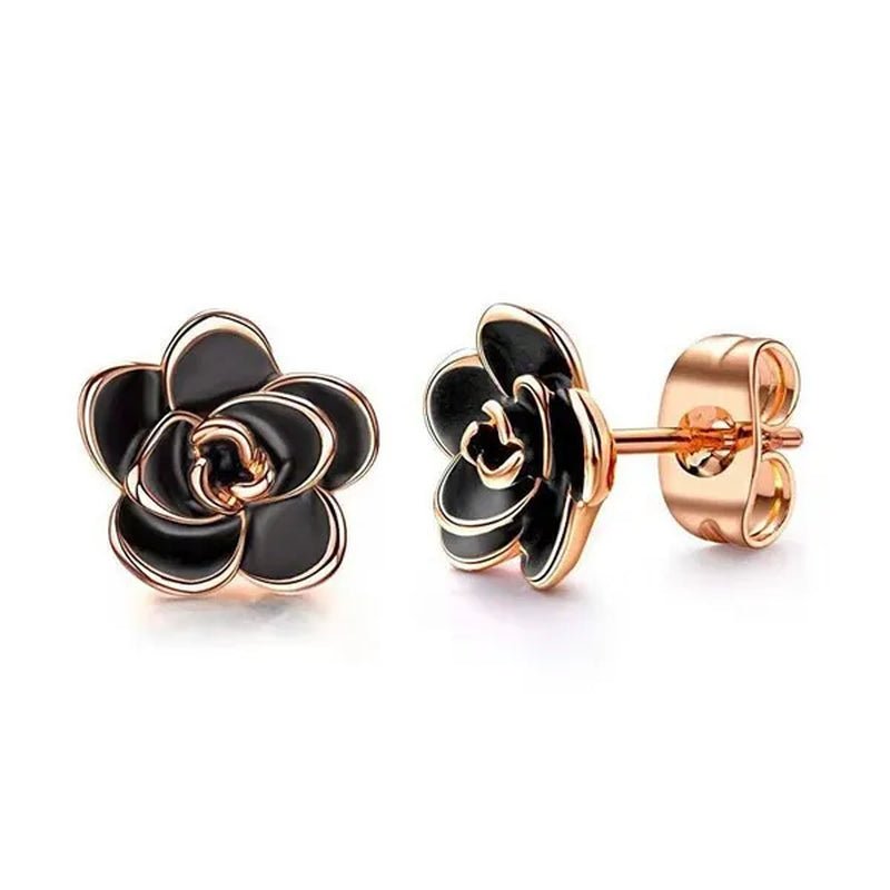 Women Fashion Black and White Rose Gold Camellia Vintage Flower Earring Stud Earrings - WORLD TIME VISITS