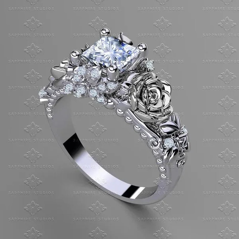Women's Jewelry 925 Silver&Rose Gold White Sapphire Diamond Rose Flower Ring Bridal Wedding Engagement Ring - WORLD TIME VISITS