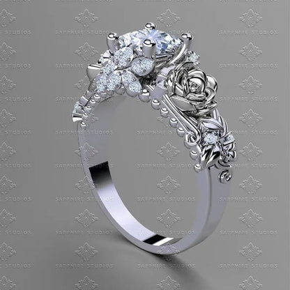 Women's Jewelry 925 Silver&Rose Gold White Sapphire Diamond Rose Flower Ring Bridal Wedding Engagement Ring - WORLD TIME VISITS